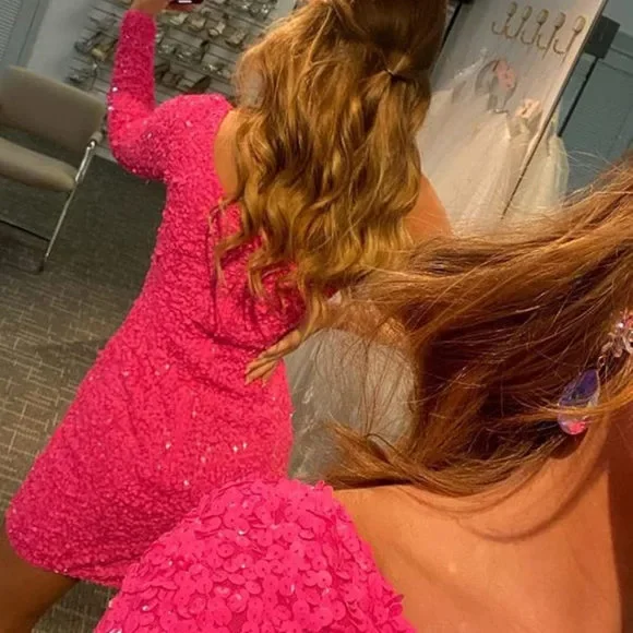 Women's ORANGE Long Sleeve Sequin Homecoming Dresses - Picture 3 of 4